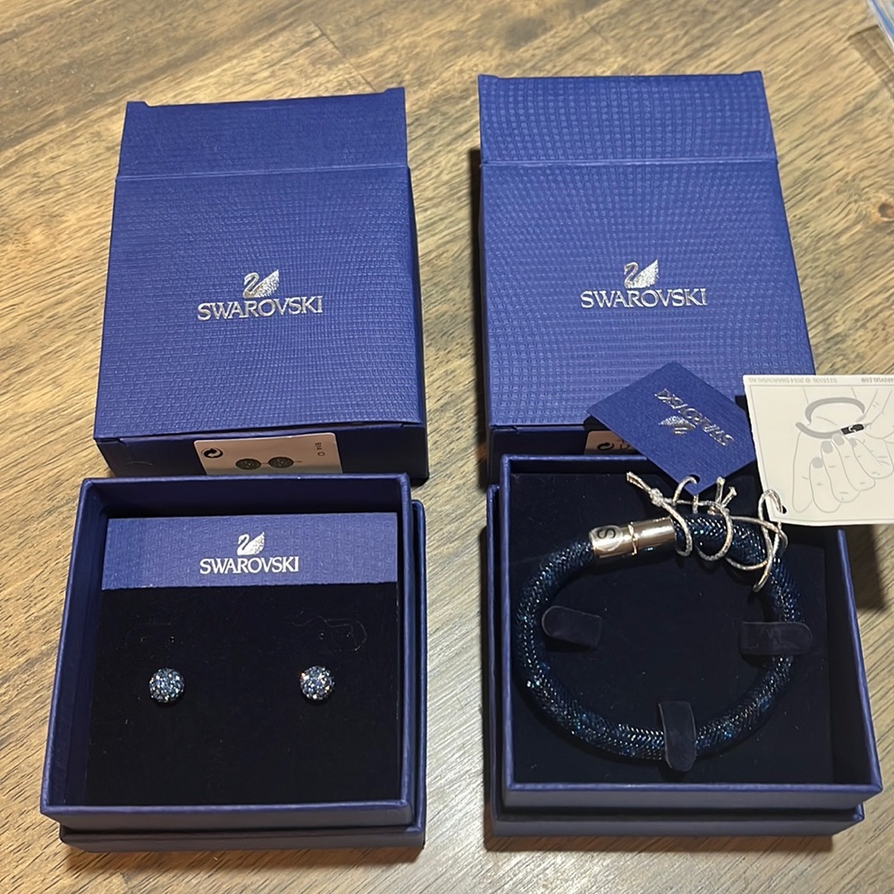 Swarovski Matching Blue Bracelet and Crystal Earrings NWT and Box